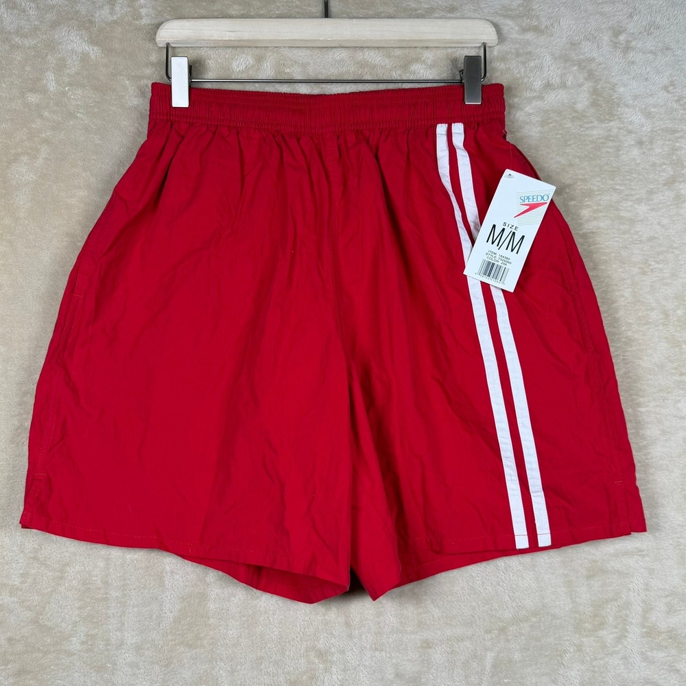 Speedo Mens Medium Red White Retro Striped Swim Trunks Mesh Lined NWT